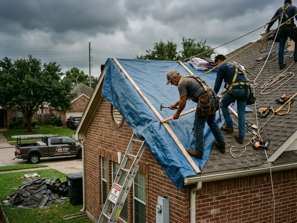 Houston roofing contractors securing emergency 10-mil waterproof storm tarp with furring strips